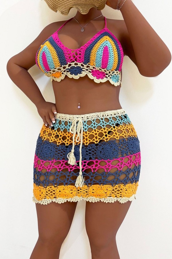 Multicolor Sexy Patchwork Bandage Hollowed Out See-through Halter Plus Size Two Pieces