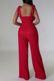 Red Sexy Casual Solid Bandage Hollowed Out Backless Spaghetti Strap Regular Jumpsuits