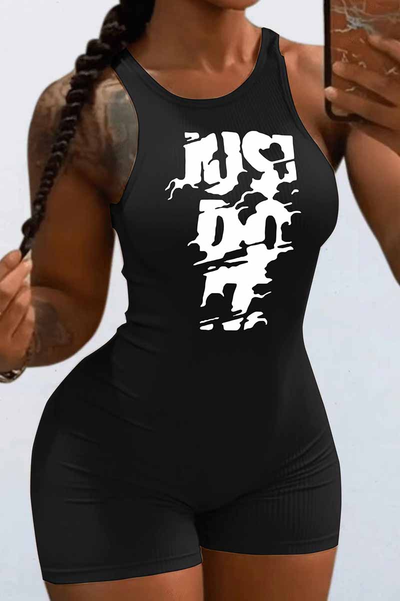

Black Street Print Letter O Neck Jumpsuits