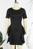 Blue Casual Solid Patchwork O Neck Short Sleeve Dress (Without Belt)