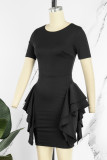 Blue Casual Solid Patchwork O Neck Short Sleeve Dress (Without Belt)
