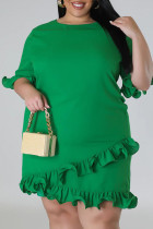グリーン カジュアル ソリッド パッチワーク 非対称 ストリング セルビッジ O ネック ストレート プラスサイズ ドレス
