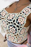 Apricot Sexy Casual Patchwork Hollowed Out See-through U Neck Plus Size Tops