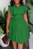 Grüne, lässige, süße, solide Patchwork-Falten-Umlegekragen-Kleider in A-Linie