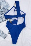 Blauwe sexy effen patchwork badkleding zonder rug (met vulling)