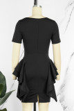 Blue Casual Solid Patchwork O Neck Short Sleeve Dress (Without Belt)