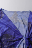Bandage d'impression sexy bleu Patchwork Draw String V Neck Plus Size Two Pieces