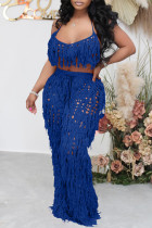 Royal Blue Fashion Casual Solid Hollowed Out Backless Spaghetti Strap Sleeveless Two Pieces Tassel Crop Tops And Wide Leg Pants Sets