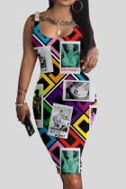 Colour Casual Street Print Patchwork U Neck Pencil Skirt Dresses