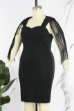 黒のセクシーなソリッド タッセル パッチワーク スクエア カラー プラス サイズのドレス (実際のオブジェクトの対象)