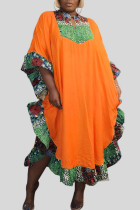 Tangerine Red Casual Street Print Patchwork Flounce V Neck Irregular Dress Plus Size Dresses