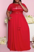 Red Casual Bandage O Neck Plus Size Two Pieces