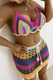 Multicolor Sexy Patchwork Bandage Hollowed Out See-through Halter Plus Size Two Pieces