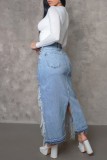 Saias jeans skinny cintura alta azul casual lisa com borla rasgada