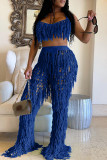 Royal Blue Fashion Casual Solid Tassel Hollowed Out Backless Spaghetti Strap Sleeveless Two Pieces