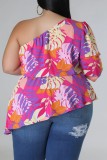Roze paars casual print backless schuine kraag plus size tops