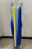 Blå Casual Print Patchwork Spaghetti Strap Sling Dress Klänningar