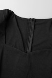 Schwarzes, sexy, festes Quasten-Patchwork mit quadratischem Kragen, Kleider in Übergröße (abhängig vom tatsächlichen Objekt)