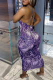 Фиолетовый сексуальный принт в стиле пэчворк Спагетти ремень юбка-карандаш платья