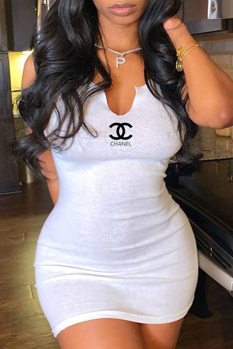 

White Sexy Print Letter V Neck One Step Skirt Dresses