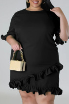 Zwart casual effen patchwork asymmetrische vezelige zelfkant O-hals recht grote maten jurken