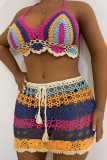 Multicolor Sexy Patchwork Bandage Hollowed Out See-through Halter Plus Size Two Pieces