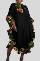 Zwarte casual straatprint patchwork ruche V-hals onregelmatige jurk Grote maten jurken