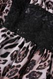 Vestido largo con escote en V transparente con retazos de vendaje de leopardo con estampado sexy marrón Vestidos