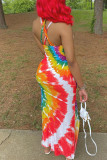 Multicolor Rainbow Sexy Print Tie Dye Patchwork Spaghetti Strap One Step Skirt Halter Maxi Dresses