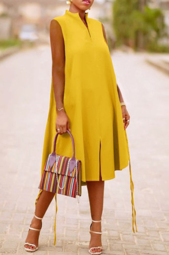 Yellow Casual Solid V Neck Sleeveless Dress Dresses