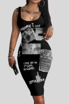 Black Gray Casual Street Print Patchwork U Neck Pencil Skirt Dresses