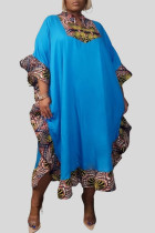 Blauwe casual straatprint patchwork ruche V-hals onregelmatige jurk Grote maten jurken