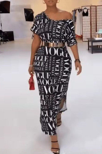 Nero Casual Street Print Patchwork senza cintura Colletto obliquo Abiti dritti (senza cintura)