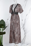 Bruin sexy print luipaard bandage patchwork doorzichtige V-hals lange jurk jurken