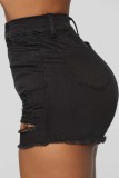 Pantalones cortos de mezclilla ajustados de cintura alta rasgados sólidos casuales negros