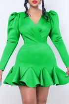 Зеленые повседневные однотонные платья с длинным рукавом в стиле пэчворк с V-образным вырезом