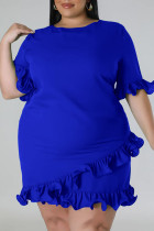 ブルー カジュアル ソリッド パッチワーク 非対称 ストリング セルビッジ O ネック ストレート プラスサイズ ドレス