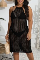 Schwarzes, sexy, solides, durchsichtiges, rückenfreies O-Ausschnitt-Strandkleid in Übergröße
