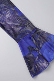 Blue Sexy Print Bandage Patchwork Draw String V Neck Plus Size Two Pieces