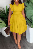 Yellow Casual Sweet Solid Patchwork Fold Turndown Collar A Line Dresses