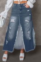 Dark Blue Casual Solid Patchwork Split Thigh Waist Regular Distressed Ripped Denim Maxi Skirts(Without Mesh Lining)