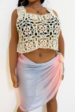 Apricot Sexy Casual Patchwork Hollowed Out See-through U Neck Plus Size Tops
