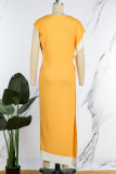 Oranje Casual Print Split Basic O-hals Lange jurkjurken