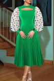 Green Casual Dot Print Hollowed Out Patchwork O Neck Pleated Dresses