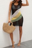 Black Sexy Patchwork Hollowed Out See-through Contrast Swimwears Beach Dress