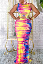Многоцветный сексуальный принт с вырезом из пэчворка и круглым вырезом, платья с юбкой на один шаг