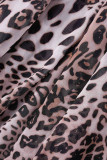 Brunt sexigt tryck Leopardbandage Patchwork Genomskinlig V-hals långa klänningar