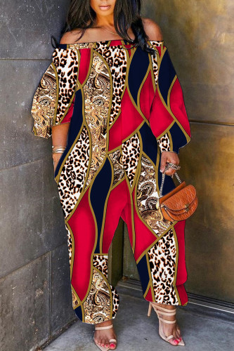 Red Casual Print Backless Off the Shoulder Regular Jumpsuits