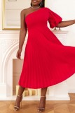 Röda Casual Solid Basic Oblique Collar Plisserade klänningar