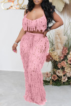 Pink Fashion Casual Solid Hollowed Out Backless Spaghetti Strap Sleeveless Two Pieces Tassel Crop Tops And Wide Leg Pants Sets